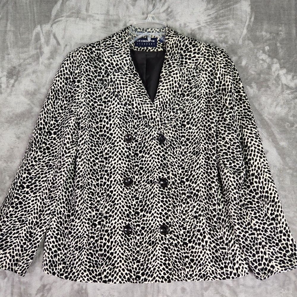 Liz Claiborne Womens Jacket Blazer S Black White Leopard Double Breasted Coat